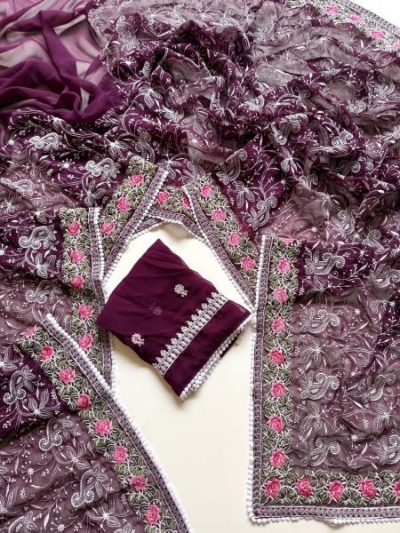 Exceptional Wine Designer Soft Georgette Saree with Chikankari Embroidery Work at Manufacturer  Georgette Sarees Wholesale