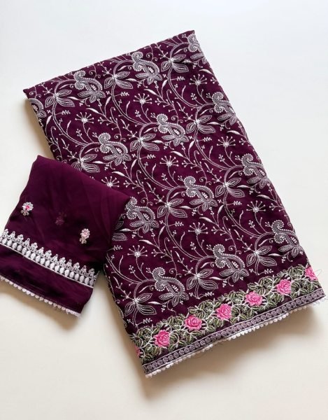 Exceptional Wine Designer Soft Georgette Saree with Chikankari Embroidery Work at Manufacturer  Georgette Sarees Wholesale