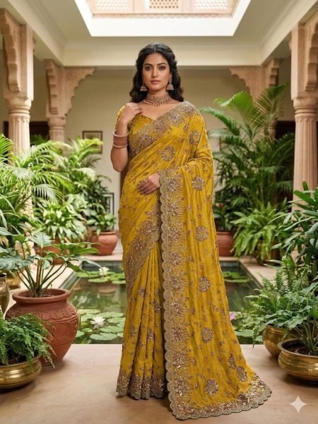 Exceptional Yellow Designer Embroidered Saree with Beads Work for Party Wear at Bulk Rate Sarees 