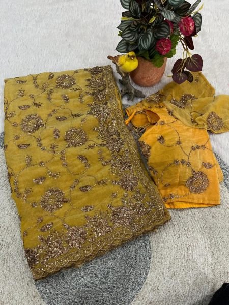 Exceptional Yellow Designer Embroidered Saree with Beads Work for Party Wear at Bulk Rate Silk Sarees Wholesale