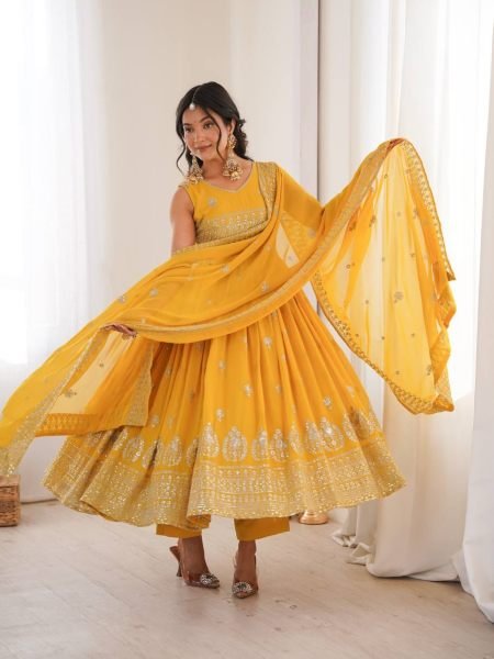 Exceptional Yellow Heavy Faux Georgette Anarkali Suit with Embroidered Sequins Dupatta For Diwali 