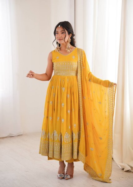 Exceptional Yellow Heavy Faux Georgette Anarkali Suit with Embroidered Sequins Dupatta For Diwali Ready To Wear Collection