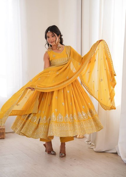 Exceptional Yellow Heavy Faux Georgette Anarkali Suit with Embroidered Sequins Dupatta For Diwali Ready To Wear Collection