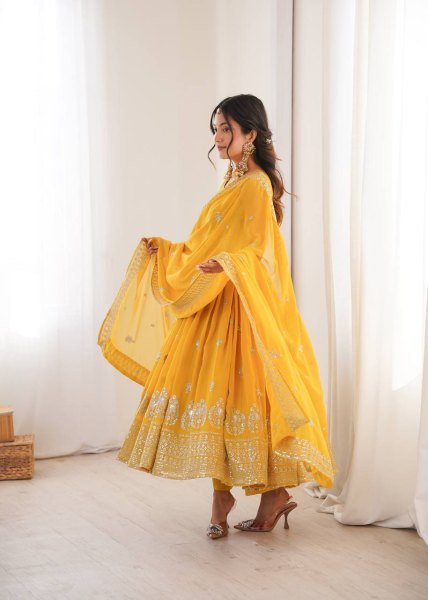 Exceptional Yellow Heavy Faux Georgette Anarkali Suit with Embroidered Sequins Dupatta For Diwali Ready To Wear Collection