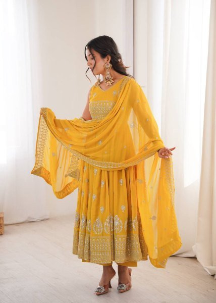 Exceptional Yellow Heavy Faux Georgette Anarkali Suit with Embroidered Sequins Dupatta For Diwali Ready To Wear Collection