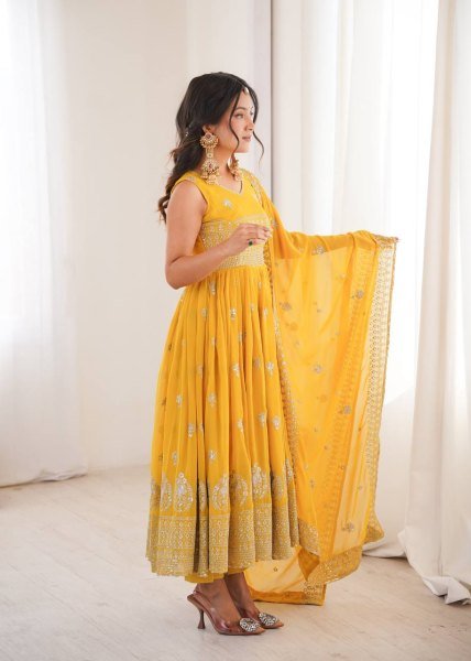 Exceptional Yellow Heavy Faux Georgette Anarkali Suit with Embroidered Sequins Dupatta For Diwali Ready To Wear Collection