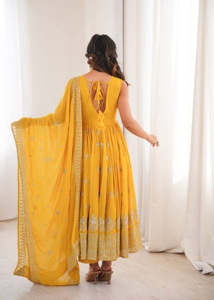 Exceptional Yellow Heavy Faux Georgette Anarkali Suit with Embroidered Sequins Dupatta For Diwali Ready To Wear Collection