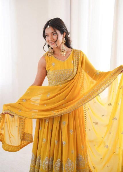 Exceptional Yellow Heavy Faux Georgette Anarkali Suit with Embroidered Sequins Dupatta For Diwali Ready To Wear Collection