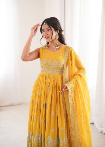 Exceptional Yellow Heavy Faux Georgette Anarkali Suit with Embroidered Sequins Dupatta For Diwali Ready To Wear Collection