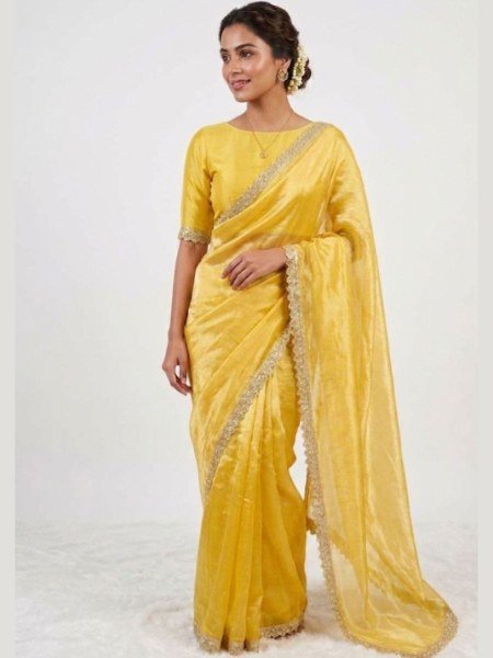 Exceptional Yellow Pure Jimmy Choo Saree with Colorful Handwork Lace Border Sarees 
