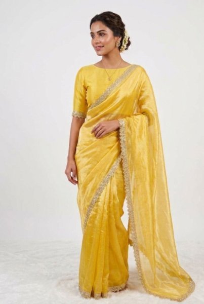 Exceptional Yellow Pure Jimmy Choo Saree with Colorful Handwork Lace Border Silk Sarees Wholesale