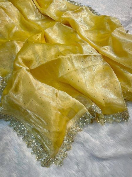 Exceptional Yellow Pure Jimmy Choo Saree with Colorful Handwork Lace Border Silk Sarees Wholesale