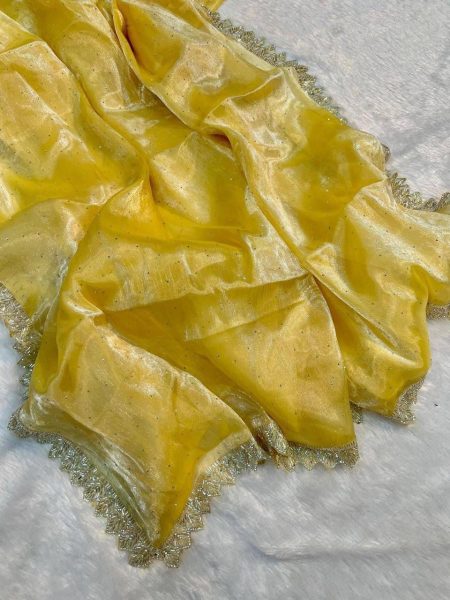 Exceptional Yellow Pure Jimmy Choo Saree with Colorful Handwork Lace Border Silk Sarees Wholesale