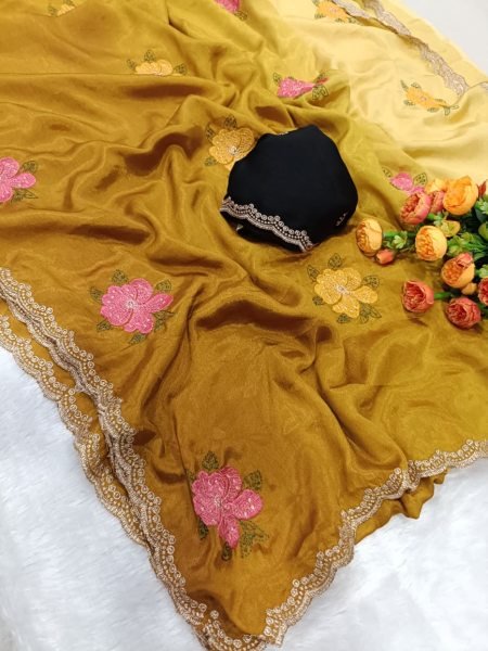 Exceptional Yellow Royal Designer Saree Collection with Elegant Embroidery Work Embroidery Sarees Wholesale