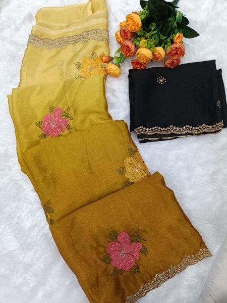 Exceptional Yellow Royal Designer Saree Collection with Elegant Embroidery Work Embroidery Sarees Wholesale