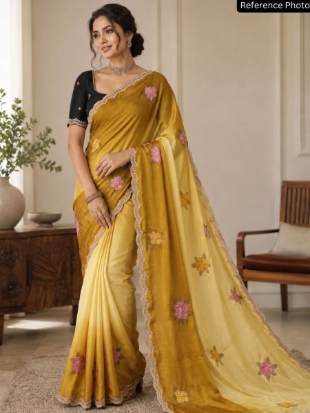 Exceptional Yellow Royal Designer Saree Collection with Elegant Embroidery Work Embroidery Sarees Wholesale