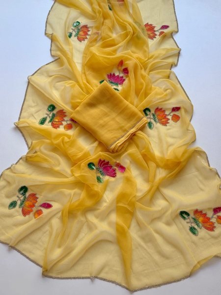Exceptional Yellow Women's Pure Chiffon Saree with Floral Print and Sparkling Jarkan Work 