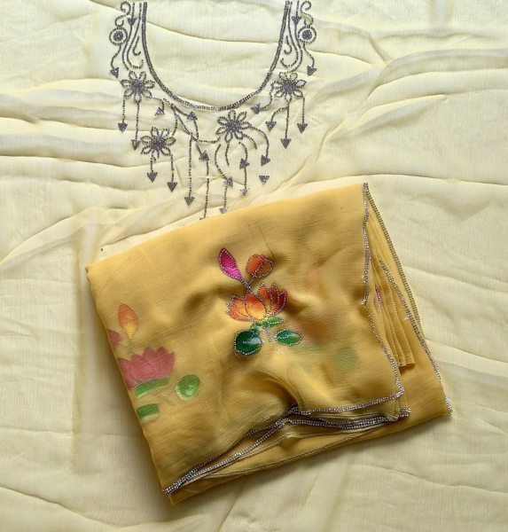 Exceptional Yellow Women's Pure Chiffon Saree with Floral Print and Sparkling Jarkan Work Pure Chiffon Sarees Wholesale