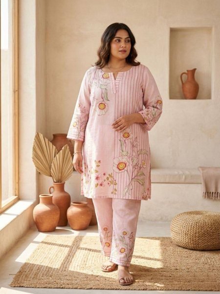 Exclusive Baby Pink Viscose Chanderi Plus Size Kurti Set with Digital Print Kurtis