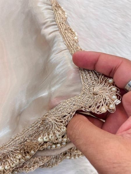 Exclusive Beige Jimmy Choo Tissue Saree with Pearl Dori Lace Border For Wedding Bollywood Fancy Sarees Wholesale