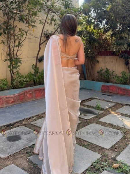 Exclusive Beige Jimmy Choo Tissue Saree with Pearl Dori Lace Border For Wedding Bollywood Fancy Sarees Wholesale