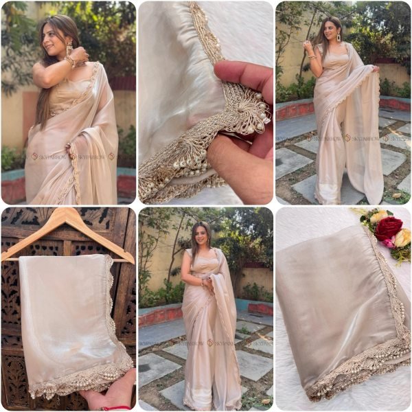 Exclusive Beige Jimmy Choo Tissue Saree with Pearl Dori Lace Border For Wedding Bollywood Fancy Sarees Wholesale