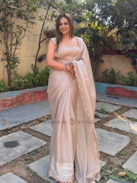 Exclusive Beige Jimmy Choo Tissue Saree with Pearl Dori Lace Border For Wedding Bollywood Fancy Sarees Wholesale