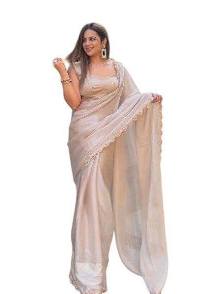Exclusive Beige Jimmy Choo Tissue Saree with Pearl Dori Lace Border For Wedding Bollywood Fancy Sarees Wholesale
