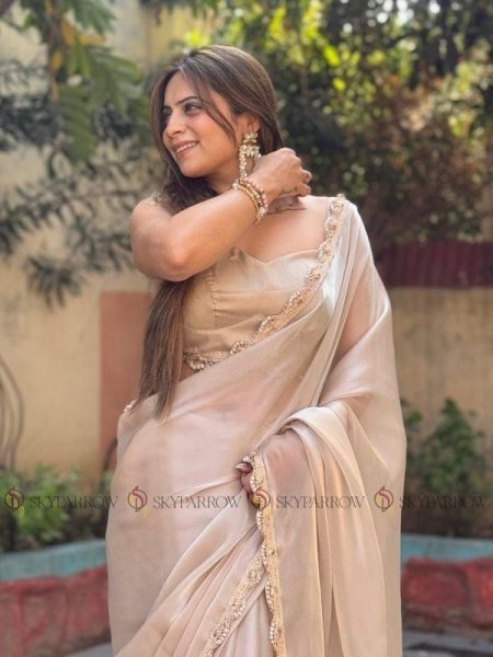 Exclusive Beige Jimmy Choo Tissue Saree with Pearl Dori Lace Border For Wedding Bollywood Fancy Sarees Wholesale