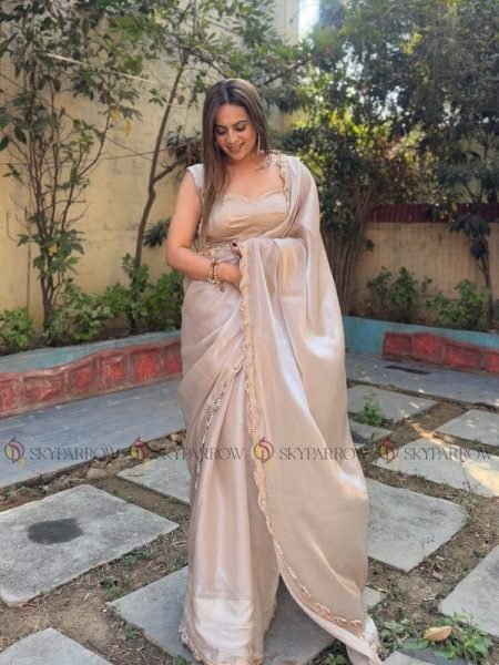 Exclusive Beige Jimmy Choo Tissue Saree with Pearl Dori Lace Border For Wedding Bollywood Fancy Sarees Wholesale