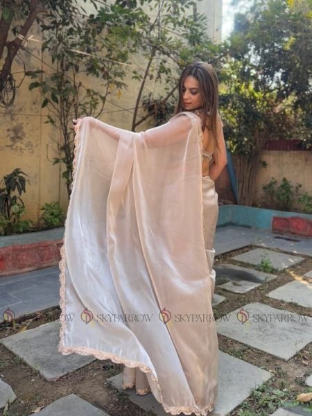 Exclusive Beige Jimmy Choo Tissue Saree with Pearl Dori Lace Border For Wedding Bollywood Fancy Sarees Wholesale