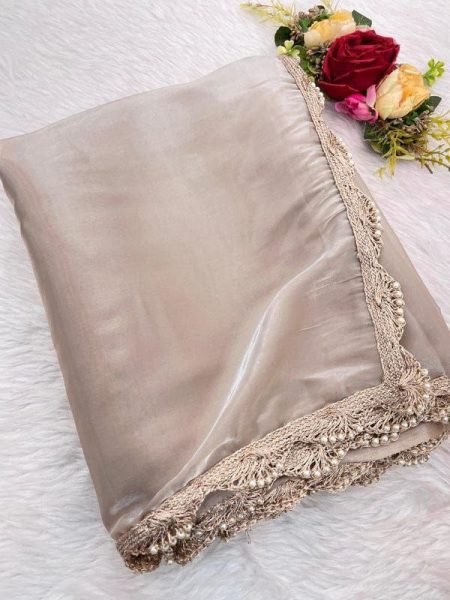Exclusive Beige Jimmy Choo Tissue Saree with Pearl Dori Lace Border For Wedding Bollywood Fancy Sarees Wholesale