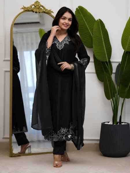Exclusive Black Boutique Style Vichitra Silk Straight Kurti Set with Embroidery and Solid Palazzo Kurtis