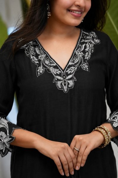 Exclusive Black Boutique Style Vichitra Silk Straight Kurti Set with Embroidery and Solid Palazzo Embroidery Kurtis 