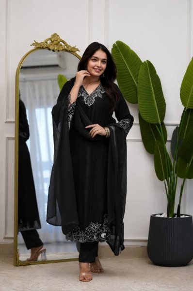 Exclusive Black Boutique Style Vichitra Silk Straight Kurti Set with Embroidery and Solid Palazzo Embroidery Kurtis 