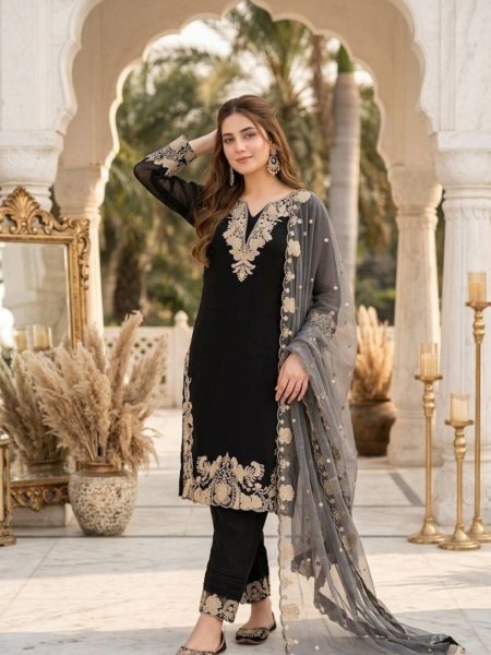 Exclusive Black Faux Georgette Embroidered Suit Set with Swarovski Work for Women Ready To Wear Suit