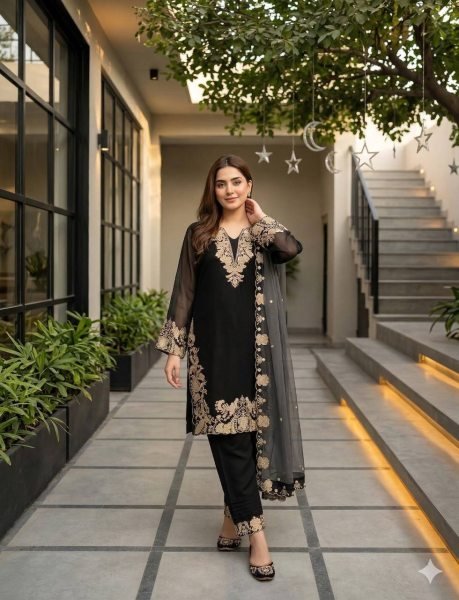 Exclusive Black Faux Georgette Embroidered Suit Set with Swarovski Work for Women Ready To Wear Collection