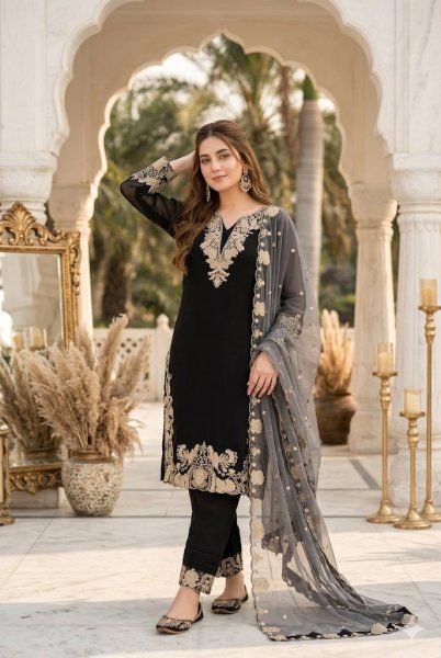 Exclusive Black Faux Georgette Embroidered Suit Set with Swarovski Work for Women Ready To Wear Collection