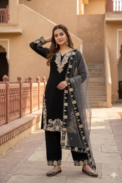 Exclusive Black Faux Georgette Embroidered Suit Set with Swarovski Work for Women Ready To Wear Collection
