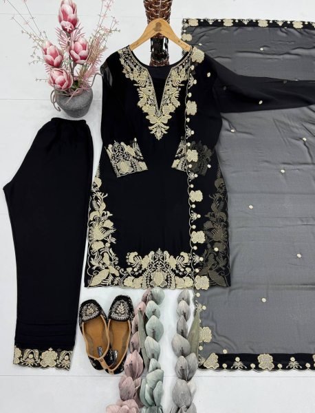 Exclusive Black Faux Georgette Embroidered Suit Set with Swarovski Work for Women Ready To Wear Collection