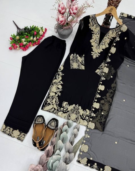 Exclusive Black Faux Georgette Embroidered Suit Set with Swarovski Work for Women Ready To Wear Collection
