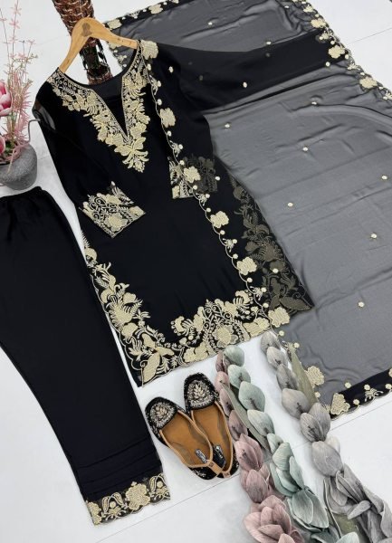 Exclusive Black Faux Georgette Embroidered Suit Set with Swarovski Work for Women Ready To Wear Collection
