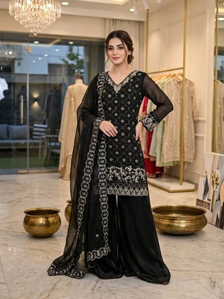Exclusive Black Fendy Kurti Palazzo Set with Beads And Cutwork Dupatta At Wholesale Rate 
