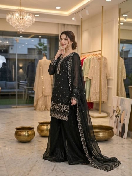 Exclusive Black Fendy Kurti Palazzo Set with Beads And Cutwork Dupatta At Wholesale Rate Ready To Wear Collection