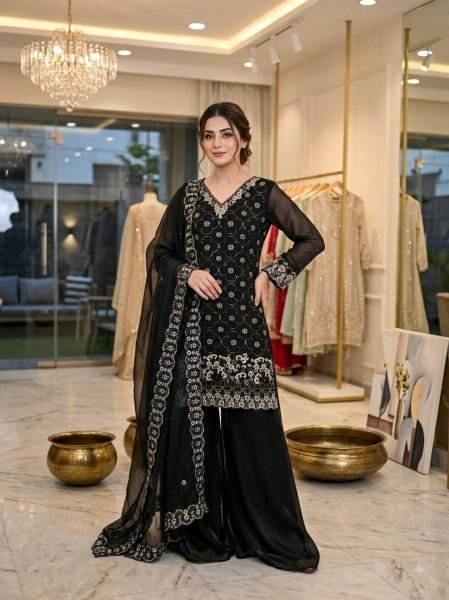 Exclusive Black Fendy Kurti Palazzo Set with Beads And Cutwork Dupatta At Wholesale Rate Ready To Wear Collection