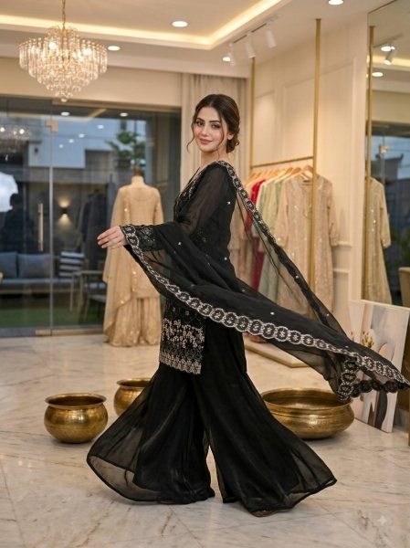 Exclusive Black Fendy Kurti Palazzo Set with Beads And Cutwork Dupatta At Wholesale Rate Ready To Wear Collection
