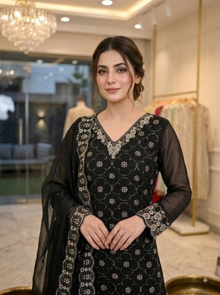 Exclusive Black Fendy Kurti Palazzo Set with Beads And Cutwork Dupatta At Wholesale Rate Ready To Wear Collection