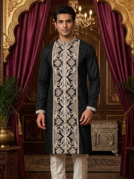 Exclusive Black Festive Kurta Set with Contrast White Resham Thread Work  