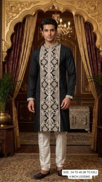 Exclusive Black Festive Kurta Set with Contrast White Resham Thread Work  Kurta Pajama Wholesale