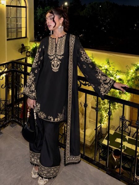 Exclusive Black French Crepe 3 Piece Suit Set with Heavy Zari Embroidery For Festival Ready To Wear Suit
